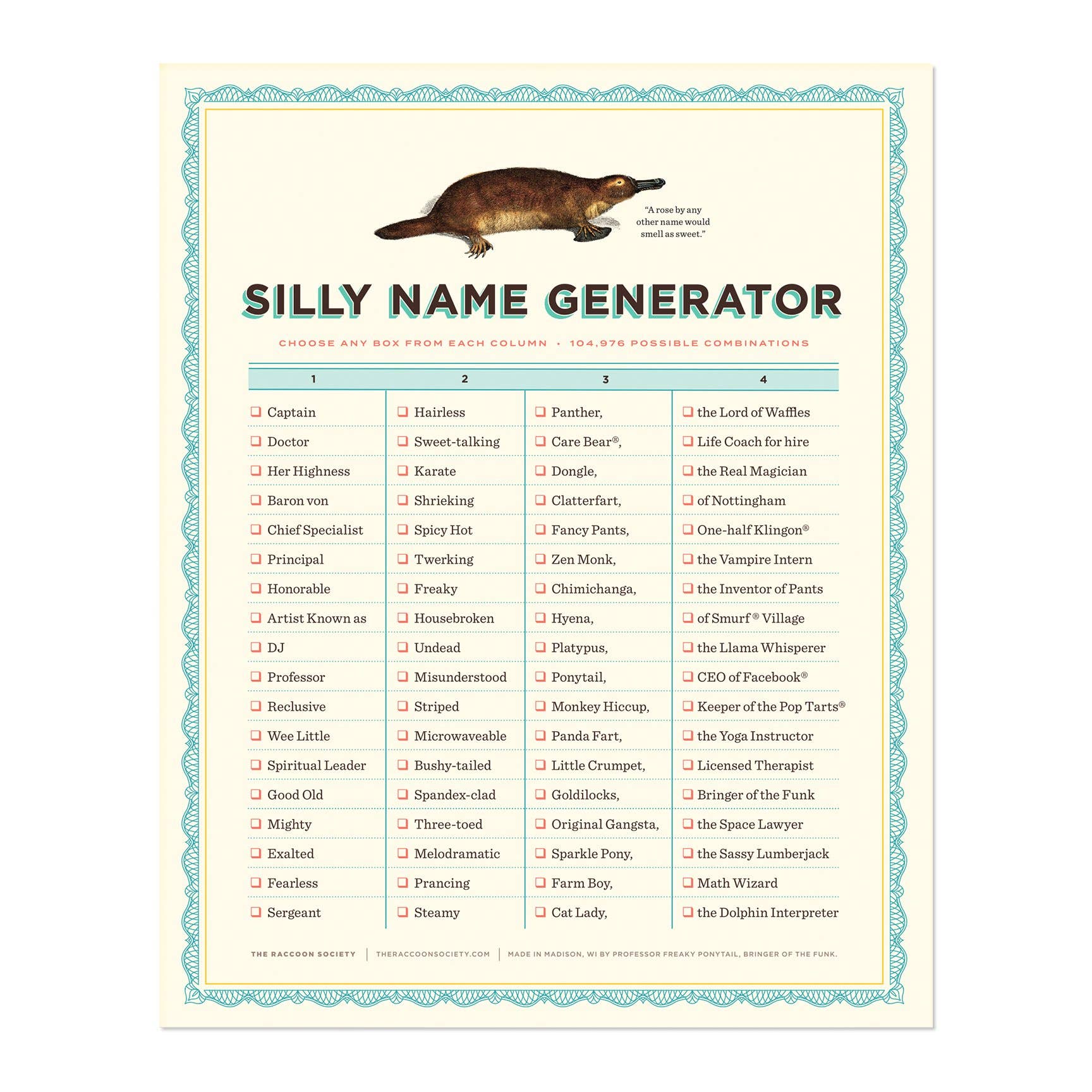 The Raccoon Society - Vendita all'ingrosso Stampa artistica - Stampa artistica «Silly Name Generator»1