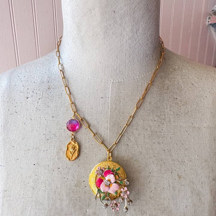 Jo Noelle - Wholesale Pendant/Charm Necklace - Floral Gold Locket and Gemstone handmade Necklace, OOAK