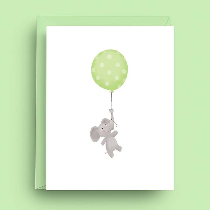 Cartão de Boas-Vindas ao Bebé - Elefante com Balão Neutro em Género por atacado de Nicole Marie Paperie