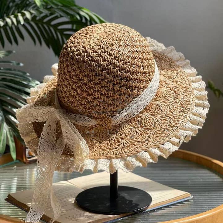HAND-WOVEN BOW FOLDABLE LACE STRAW HAT_CWAH1174 for wholesale by ACCITY