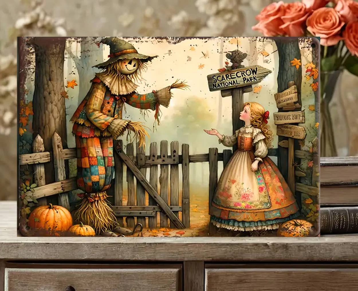 Bad Bunny Designs - Wholesale Sign - Scarecrow At Fence With Girl      Fall    12x18 Metal Sign  1