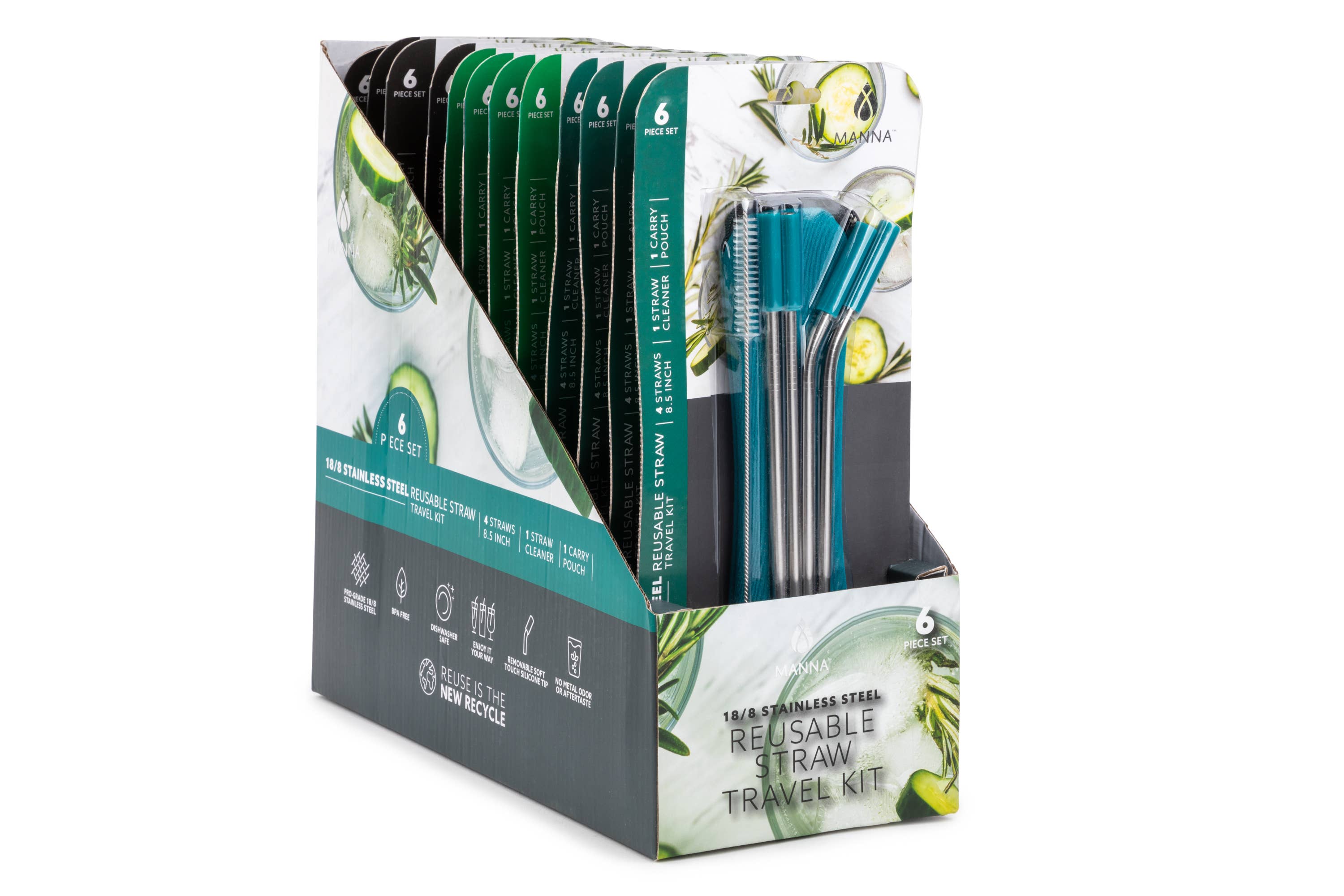Core Home - Wholesale Drinking Straw - MANNA 6pc Ss Straws W/Tips and Cleaner Set Travel Kit - Asst1
