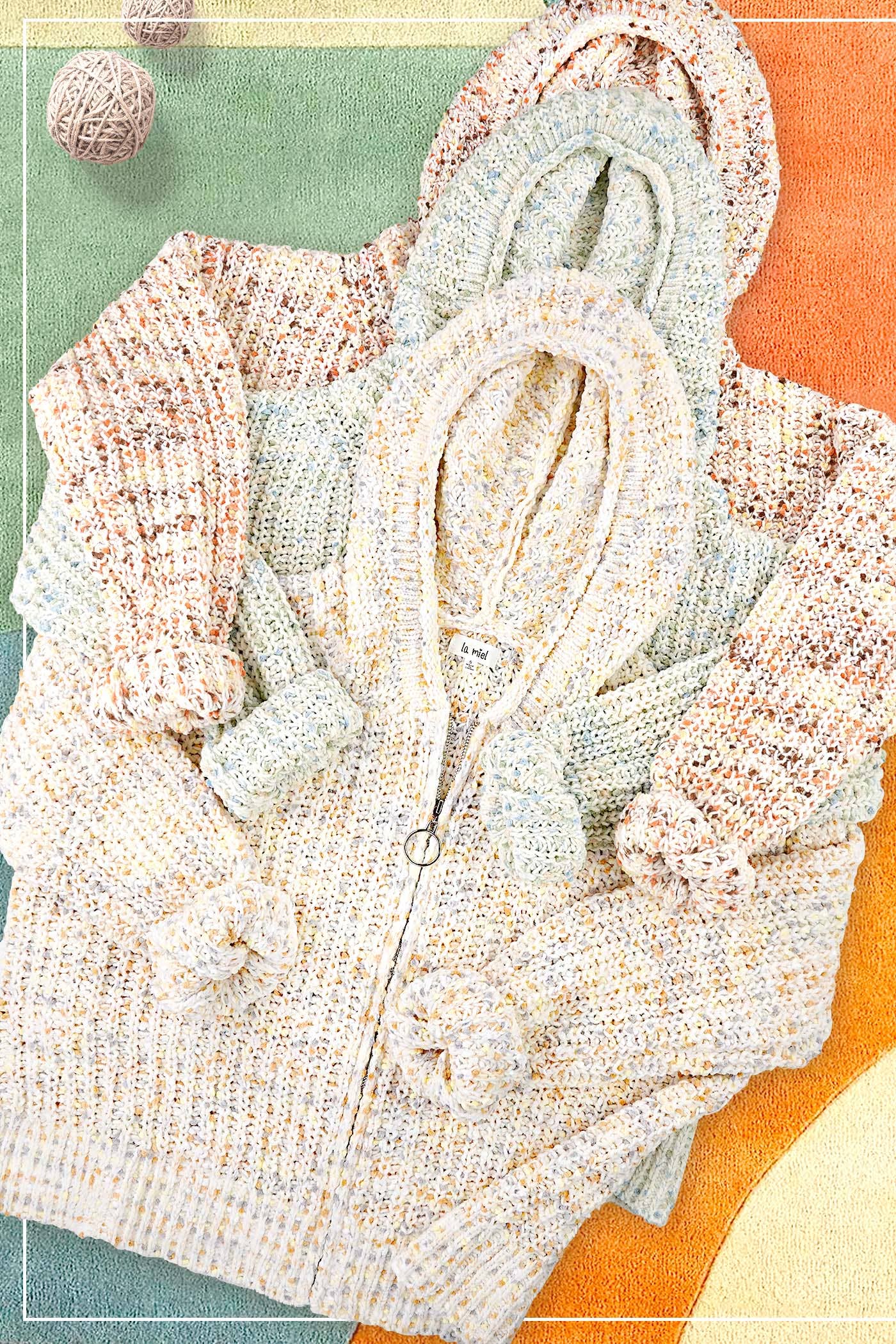 La Miel - Wholesale Hoodie - Women's - JCS3569-Multi Color Confetti Zip-Up Hoodie Sweater17