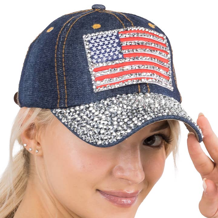 Cap Zone - Wholesale Baseball Cap - Women's - American Flag Bling Patch Denim Baseball Cap