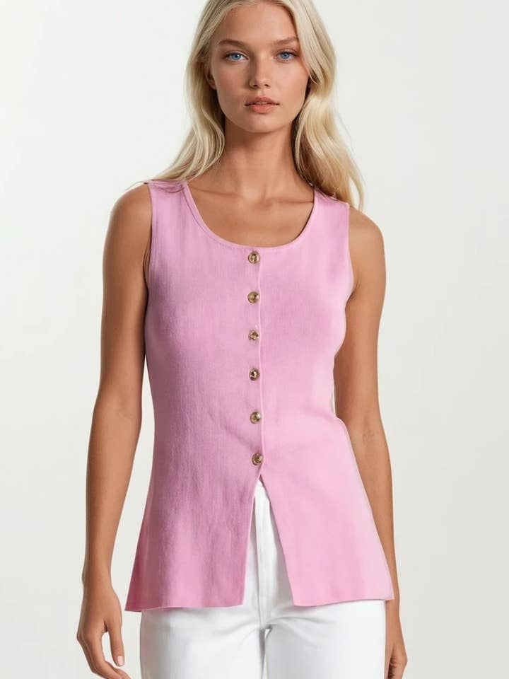 SLEEVELESS FINE KNIT GOLD BUTTON PEPLUM TOP W1486TIA for wholesale by WISTERIA LANE