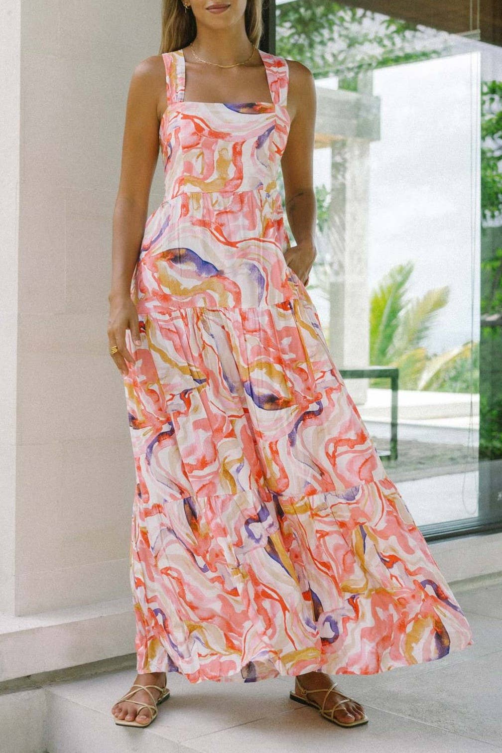 Rosa Clothing - Vente Robe – femme - Robe midi évasée à volants florale bleu bohème avec nœud à l'arrière17