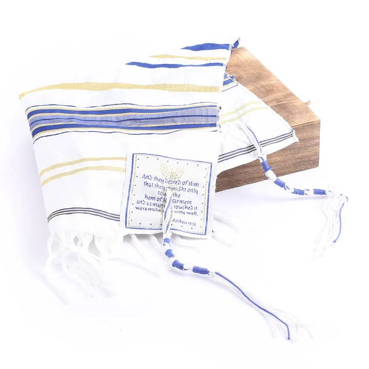 Swanson Christian Products - Wholesale Wrap - Women's - Prayer Shawl – Gold and Royal Blue – Traditional Messianic with Tallit – 72″ X 22″1