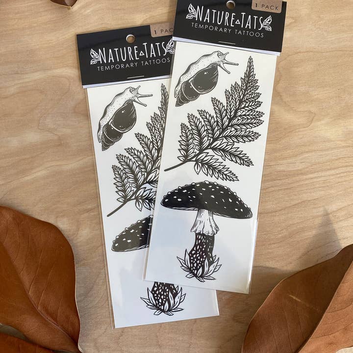 NatureTats - Wholesale Temporary Tattoo - Amanita Mushroom, Fern, Snail Temporary Tattoo1