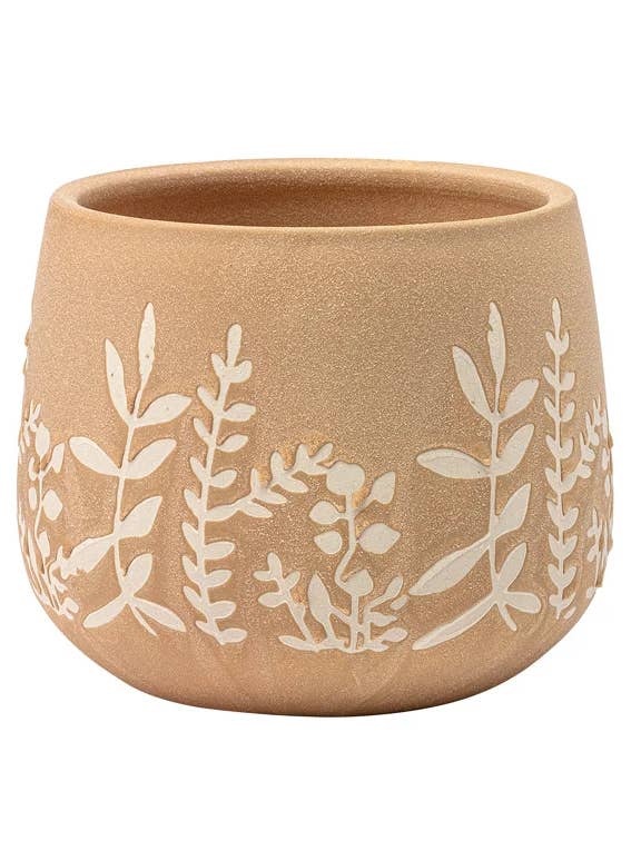 Tan Carved Botanical Planter Item #22415 for wholesale by Napco