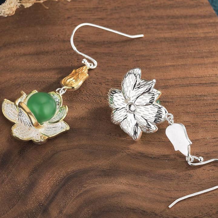 Bright MacMing - Wholesale Dangle Earrings - Silver and Jade Lotus Earrings1