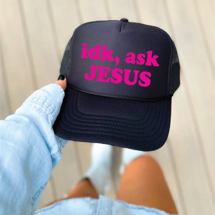 Ask Jesus in Bright Pink writing DTF Printed Black Trucker Hat for wholesale by Southern Attitude Designs Inc