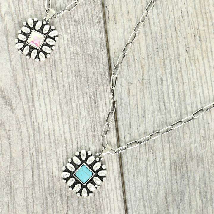 SP Sophia Collection - Wholesale Pendant/Charm Necklace - Floral Square Concho Pendant Necklace 2