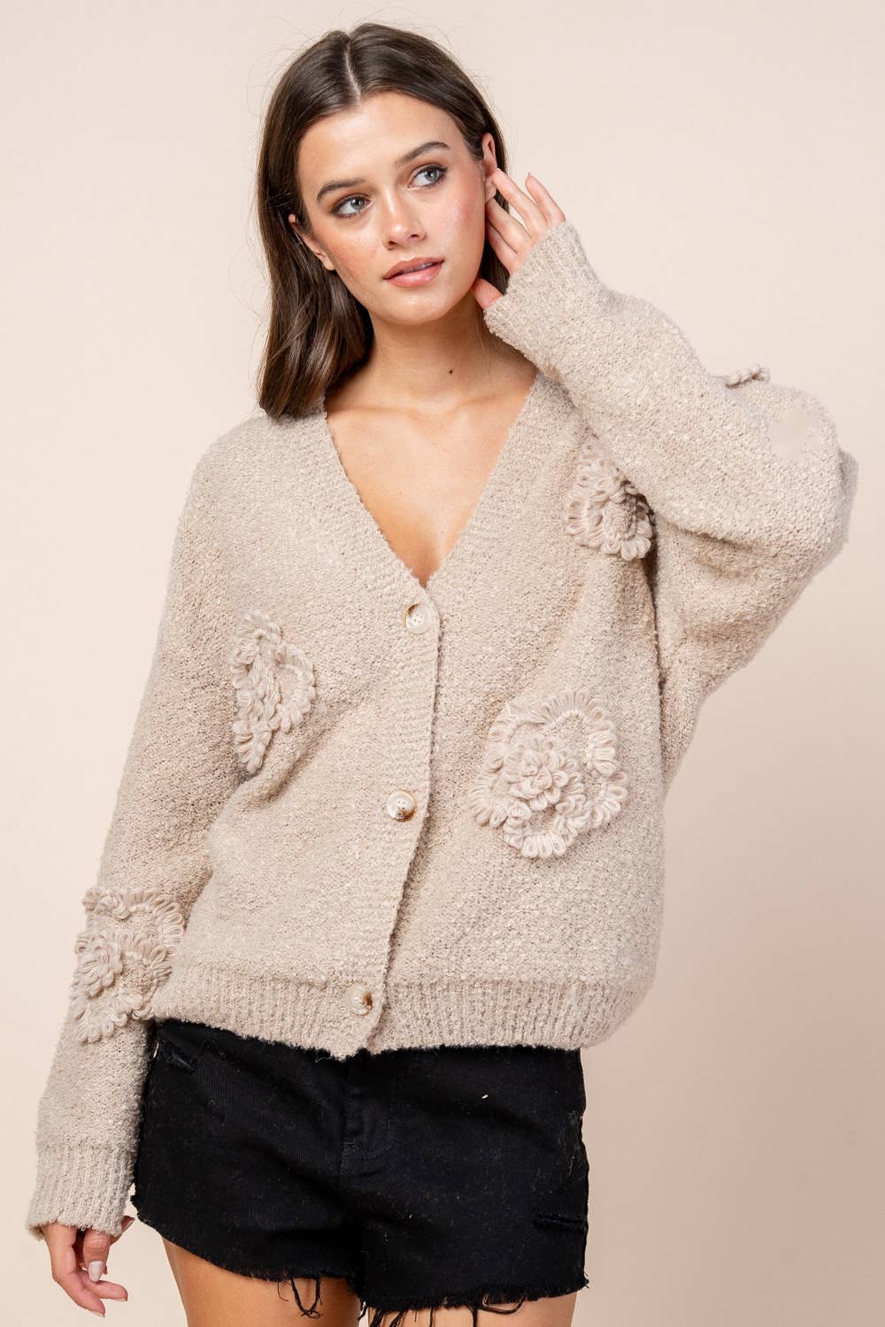 MOCHA CT10590Y / 3D FLORAL APPLIIGUE DETAILED CARDIGAN for wholesale on Faire