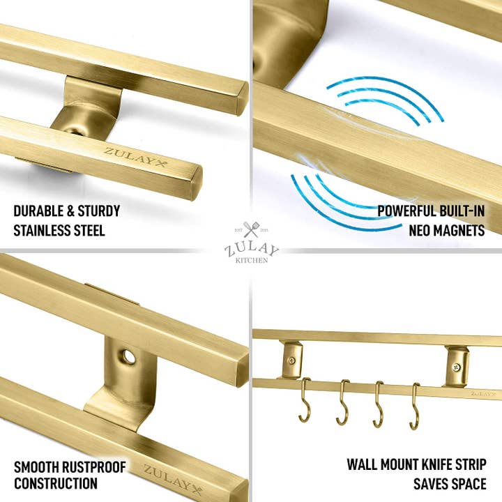 Zulay Kitchen – wholesale Knife storage – Stainless Steel Knife Magnetic Strip With Hanging Hooks19