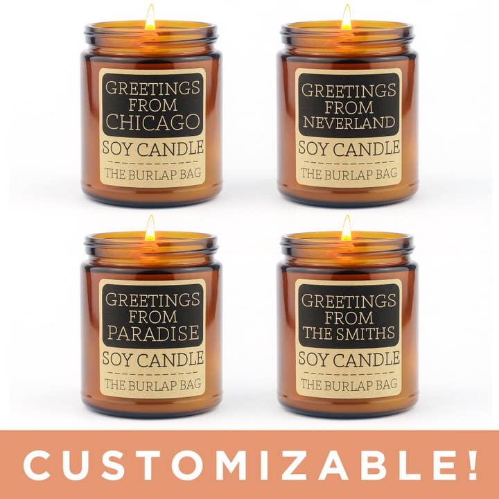 Greetings From _______ - Soy Candle 9oz / CUSTOMIZABLE for wholesale by The Burlap Bag