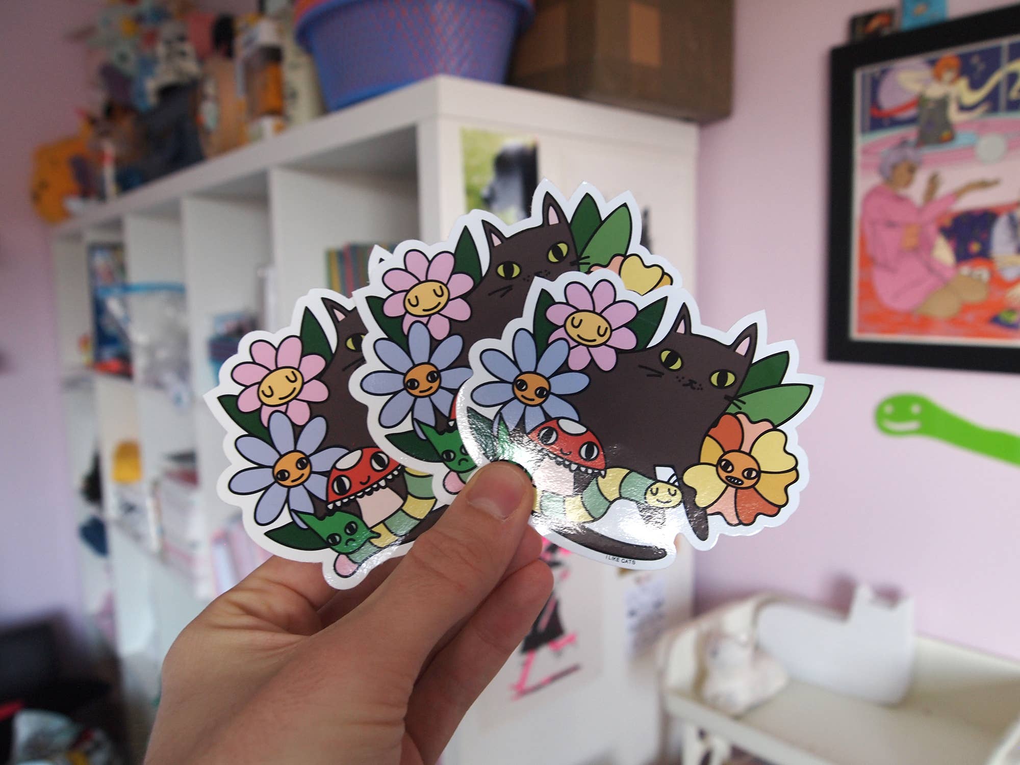 I LIKE CATS - Wholesale Sticker - Black cat with flowers, bugs and mushroom vinyl sticker5