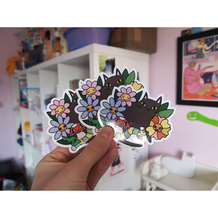 I LIKE CATS – wholesale Sticker – Black cat with flowers, bugs and mushroom vinyl sticker5