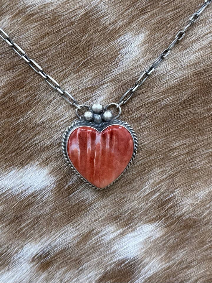 Navajo Handmade Sterling Silver Red Spiny Oyster Heart Shaped Bar Necklace 20” for wholesale by Native City Jewelry