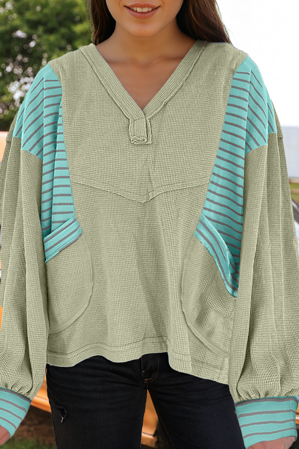 fashionworks - Wholesale Sweatshirt - Women's - Fashion Exposed Seam Waffle Striped Patchwork Baggy Pullover2