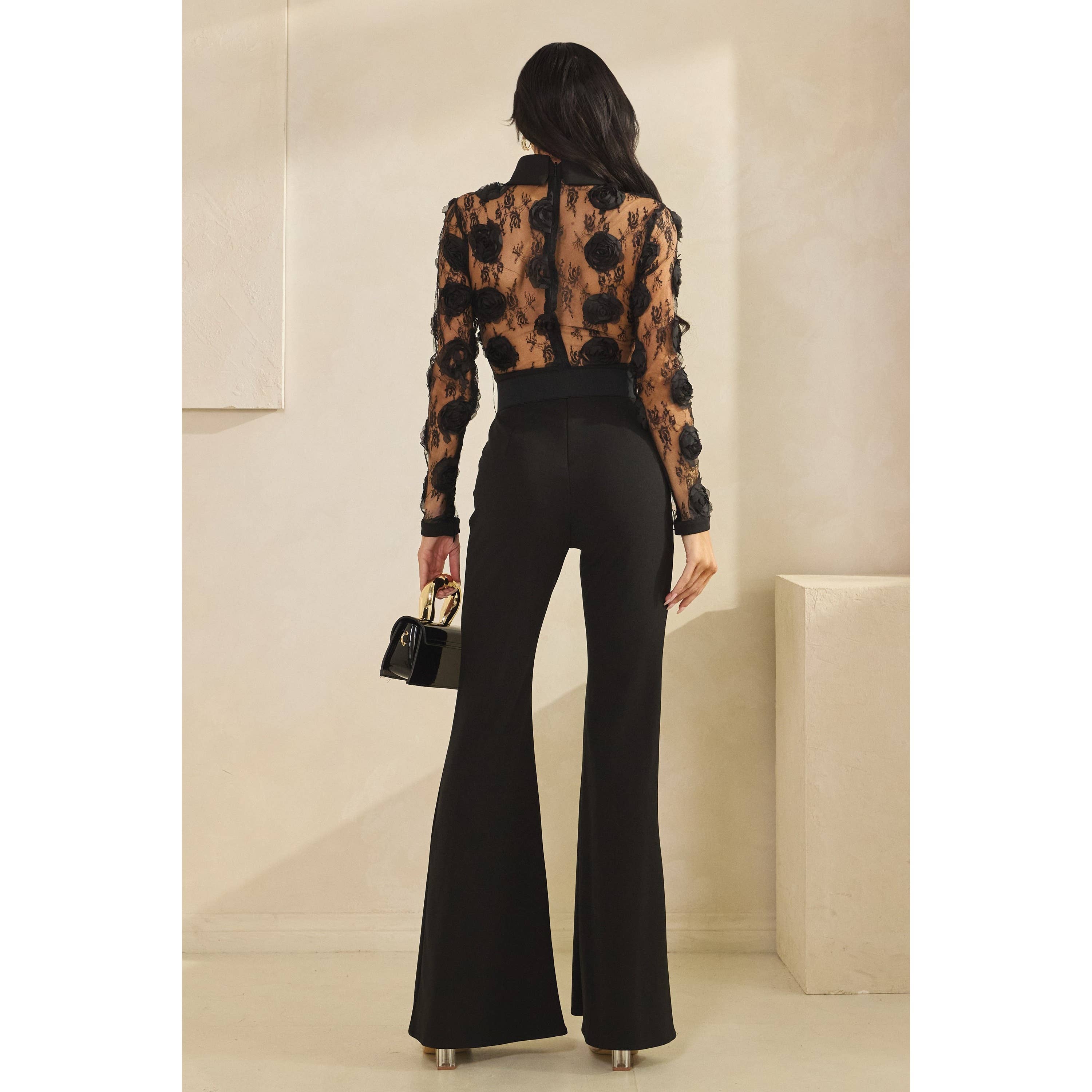 BLACK Long Sleeve 3d Lace Shirt Jumpsuit for wholesale on Faire4