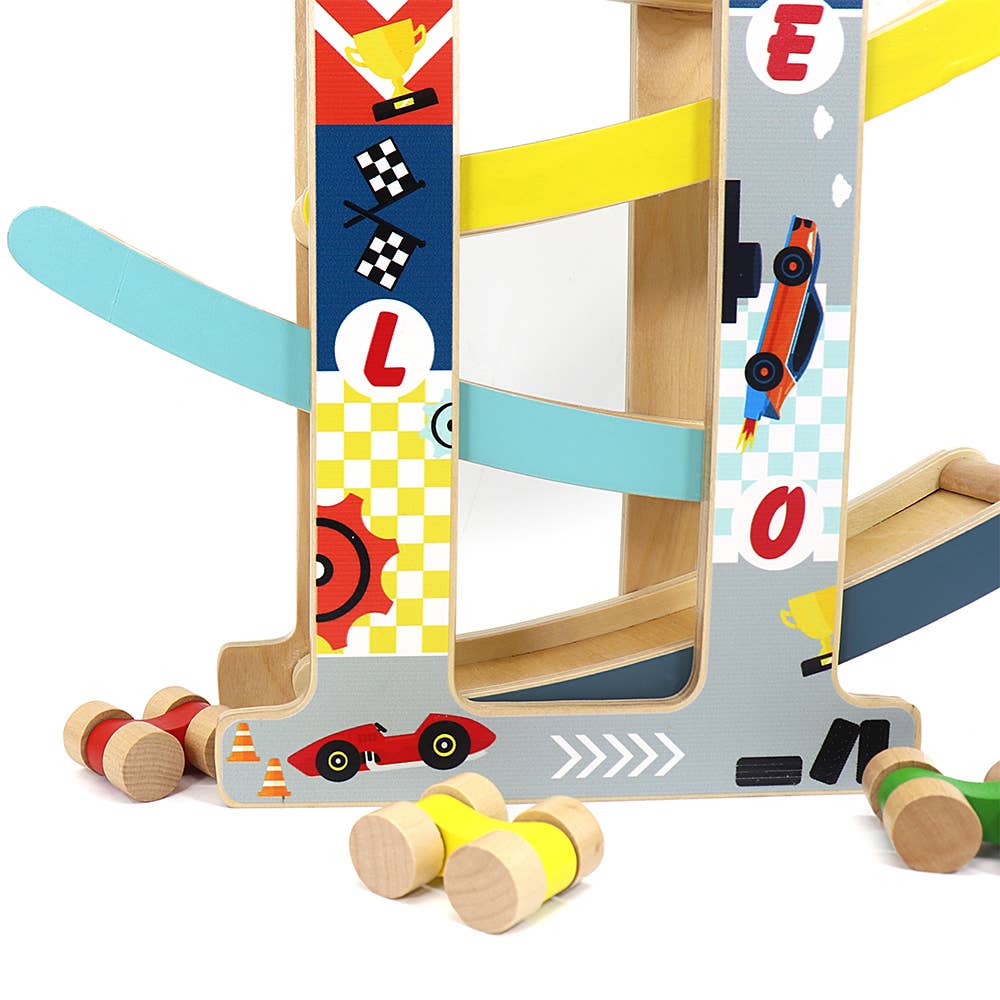 Leo & Friends - Vente Jouet en bois – enfant - Piste de course à rampe en bois Leo & Friends avec 4 voitures de course7