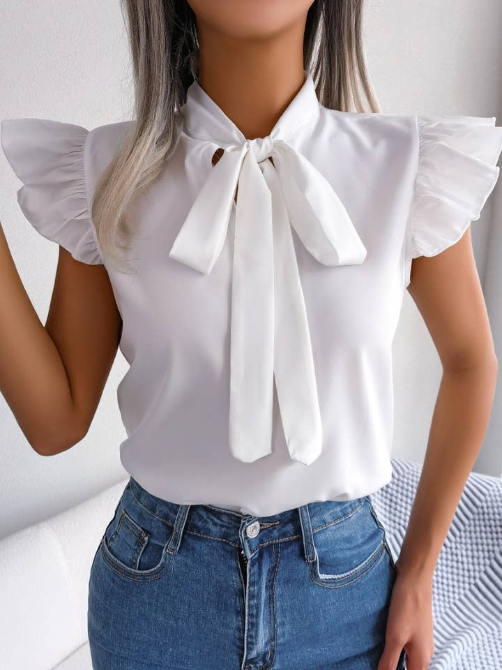 CWTDSSL0013_COMMUTER CHIFFON SHIRT WITH BOW TRIM WOODEN EARS for wholesale by NINEXIS