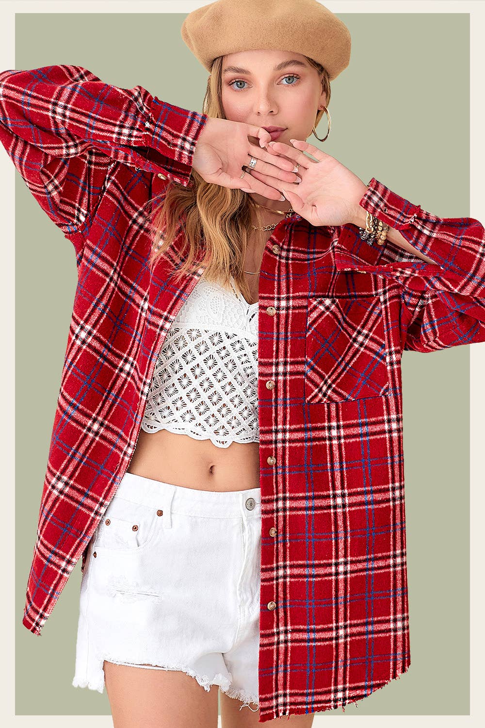 La Miel - Venta al por mayor Camisa con botones - Mujer - Camisas a cuadros de tela suave con botones lavados con minerales SRT1371-Mineral15