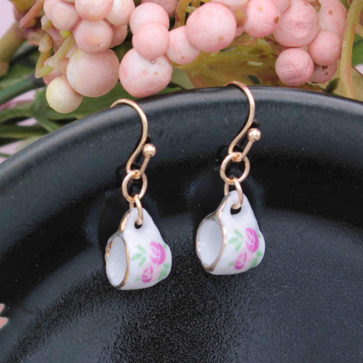 ZAD - Wholesale Dangle Earrings - Tea Time Pink Floral Teacup Gold Earrings1
