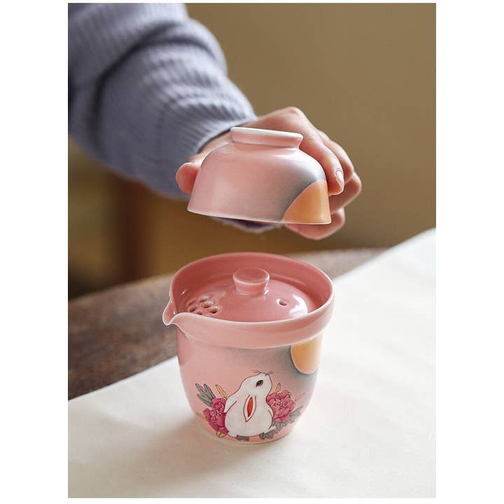 Gohobi Hand-painted Rabbit Pink Travel Tea Set for wholesale by Gohobi (We cover U.S. import duties)