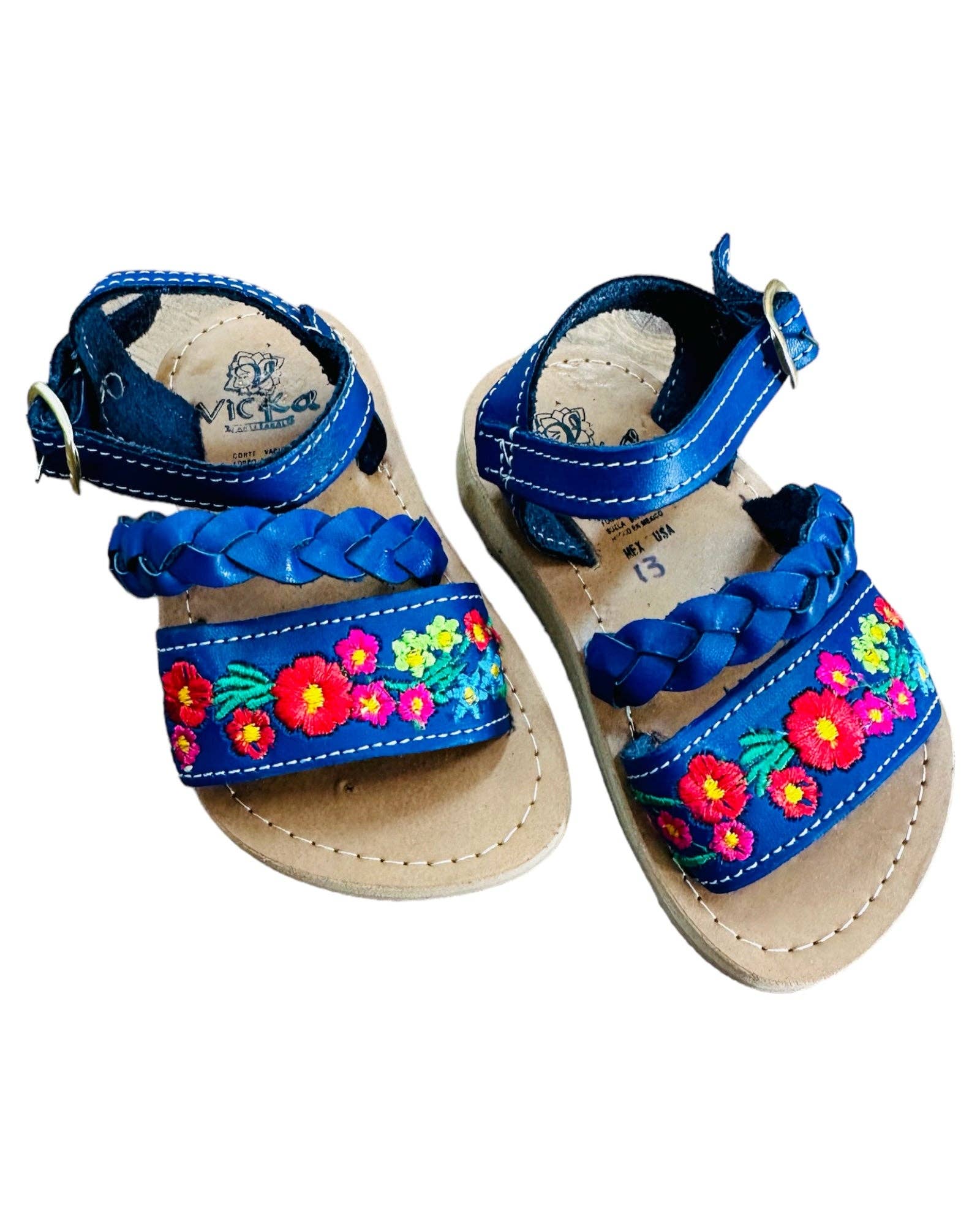 Cielito Lindo - Wholesale Sandals - Kids - Mexican Girl Royal Blue Flower Leather Sandals