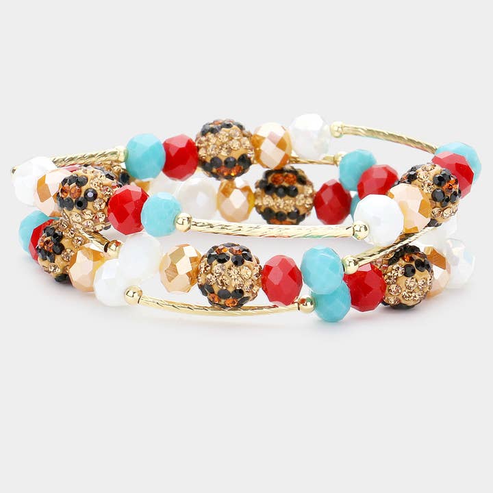 3PCS - Leopard Patterned Shamballa Ball Faceted Beaded Stretch Bracelets for wholesale by Sensibling Corp.