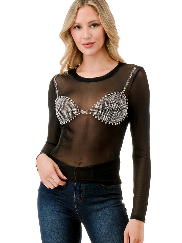 (ST3892)Rhinestone Bra shape Mesh Blouse for wholesale by SALT