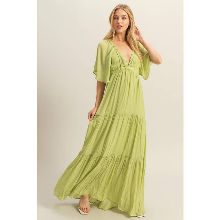 HYFVE - Wholesale Dress - Women's - HF25E045-V-Neck Flowy Sleeves Tiered Maxi Dress