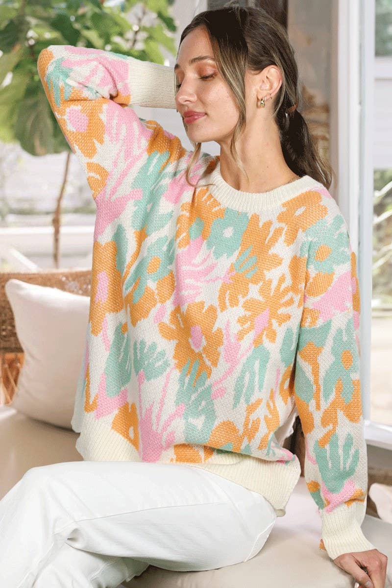 Cream Multi Floral Jacquard Knitted Sweater Top VT82628 for wholesale on Faire1