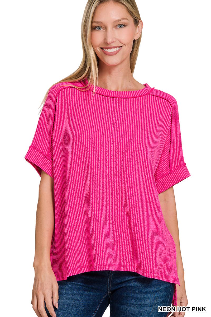 42POPS – wholesale Stickad topp - Dam – .Corded Rib Kortärmad Topp med Rå Kant26