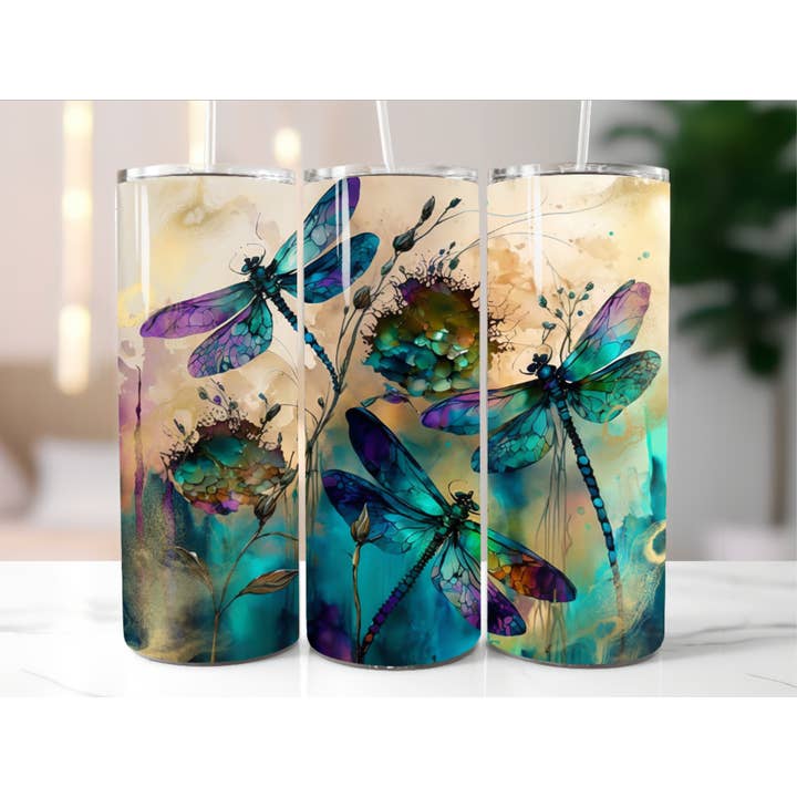 Alcohol Inked Dragonflies 20oz Tumbler Cup with Straw for wholesale by AvaryMaeInspirations