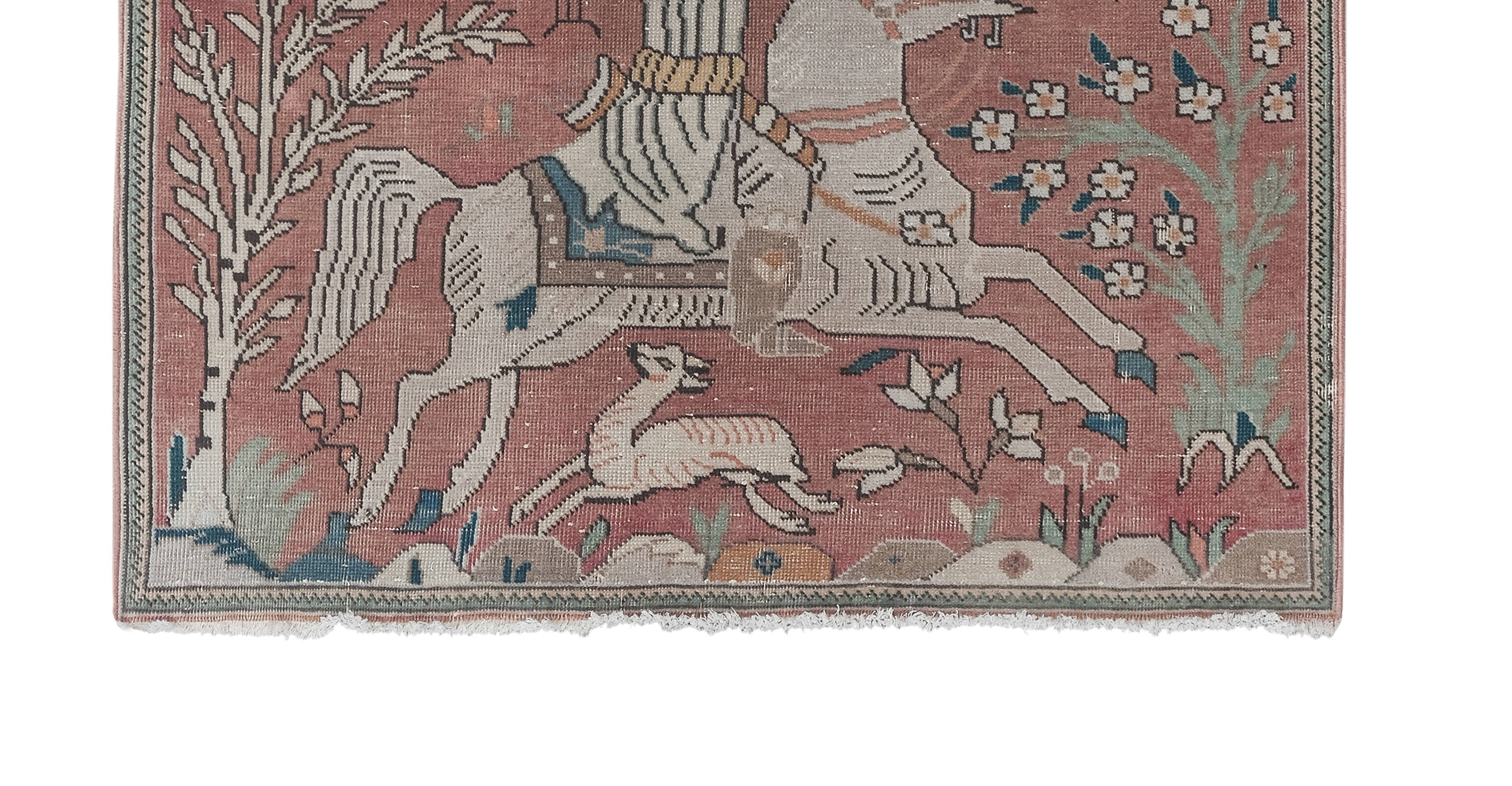 Vintage Pillows Store - Wholesale Runner Rug - Turkish Pictorial Horse Rug 3'6'' X 13'4''3