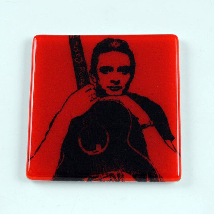 Johnny Cash Fused Glass 4" Single Coaster for wholesale by Kiku Handmade | Contemporary Fused Glass Home Goods