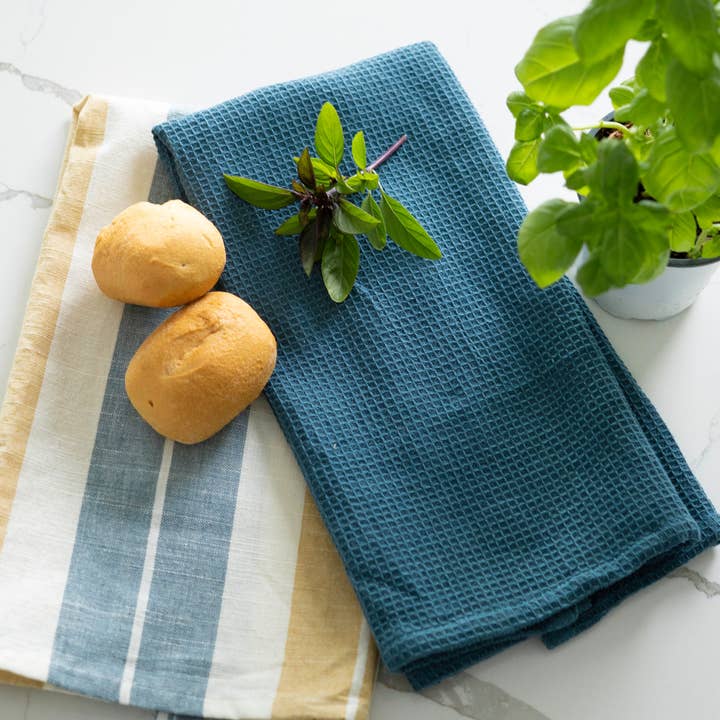 3 Piece Blue & Tan Stripe Kitchen Tea Towel Set for wholesale by Elsie & Zoey