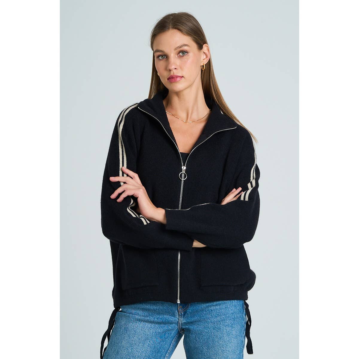 The GREii - Vente Pull en maille – femme - Pull en tricot à manches rayées et fermeture éclair8