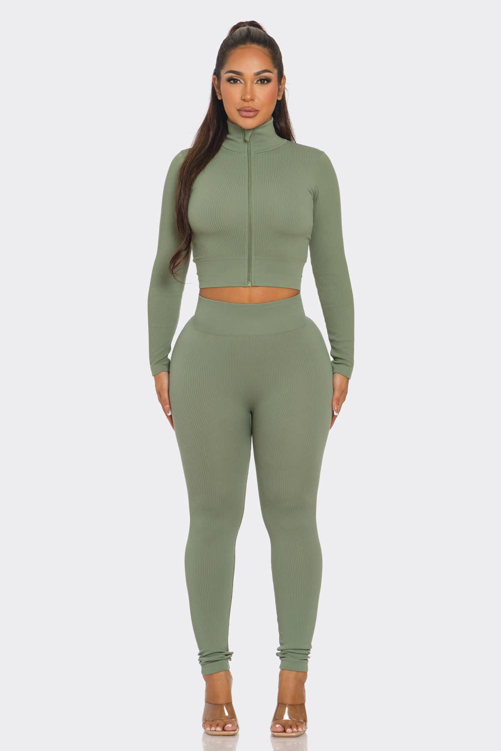 Lime All the Time - Wholesale Top & Pant Set (NOT Loungewear) - Women's - 2 Pcs Seamless Zip Up Crop Top and Legging Set5