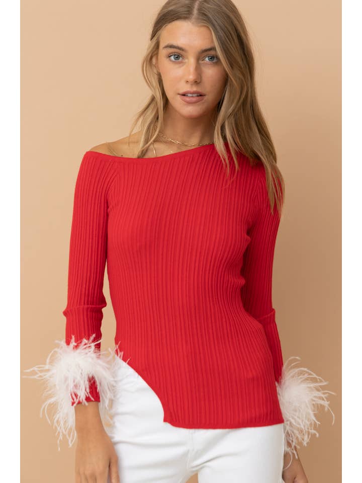 Blue B - Wholesale Knit Sweater - Women's - 32210W - Ribbed Feather Cuff Off Shoulder Sweater Top