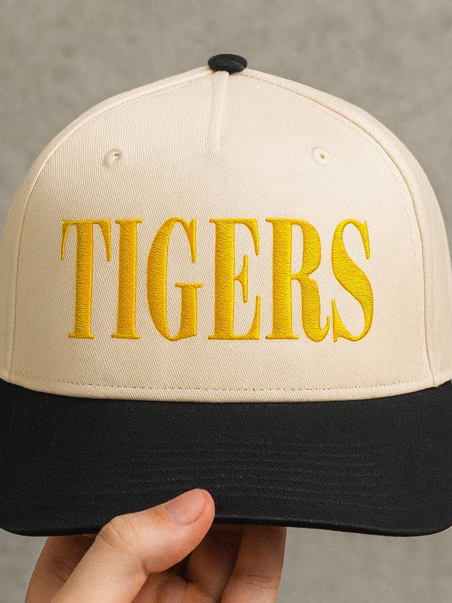 Embroidered TIGERS Varsity Snapback Hat for wholesale by Thread Friday