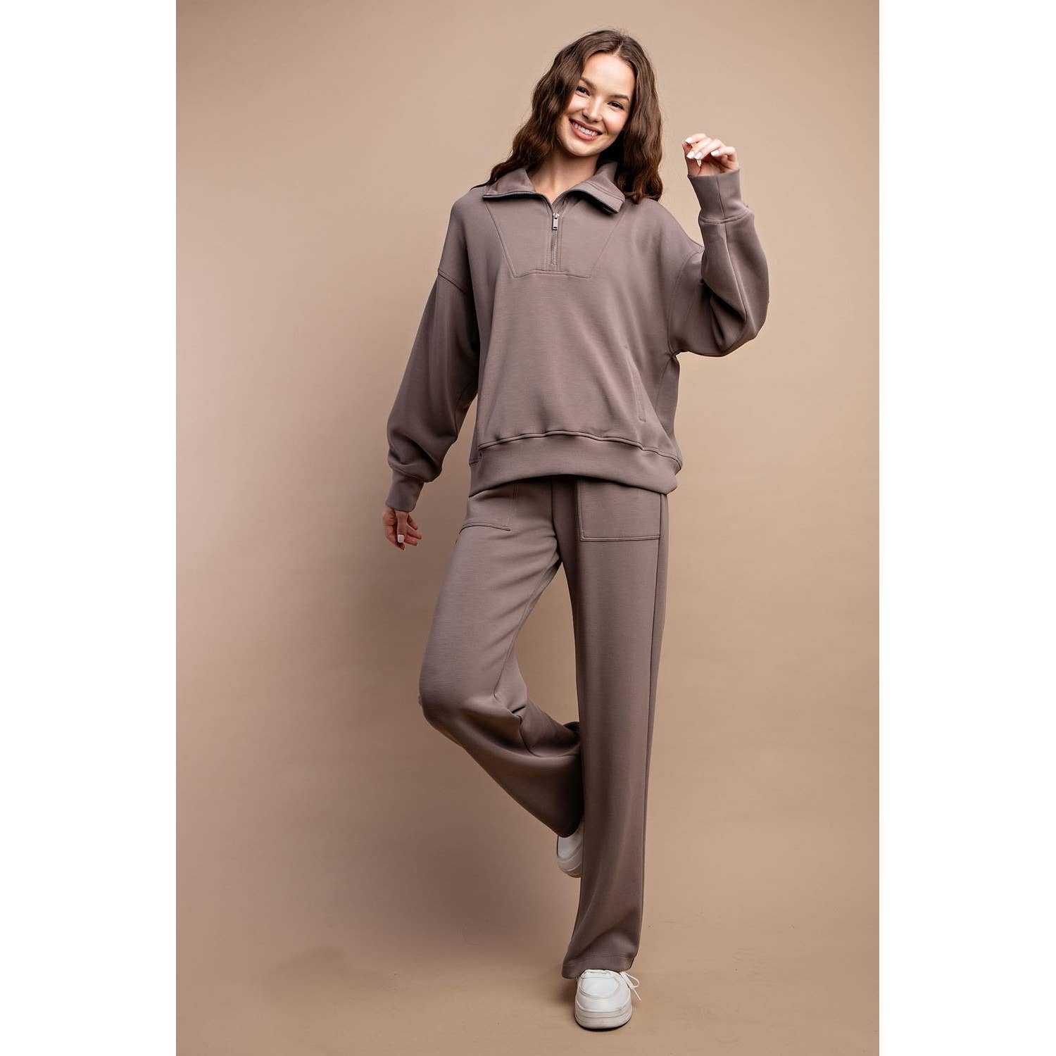 Rae Mode - Vendita all'ingrosso Felpa - Donna - PULLOVER CON COLLO A IMBUTO E ZIP A QUARTO IN MODAL SCUBA56