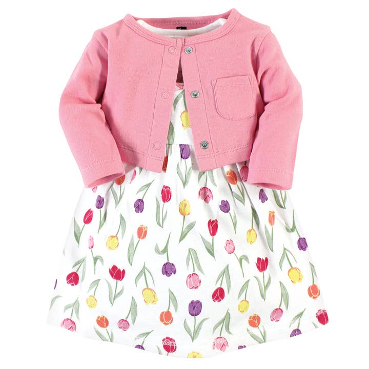 Ensemble robe et cardigan en coton Hudson Baby, Tulipes de printemps pour la vente par BabyVision
