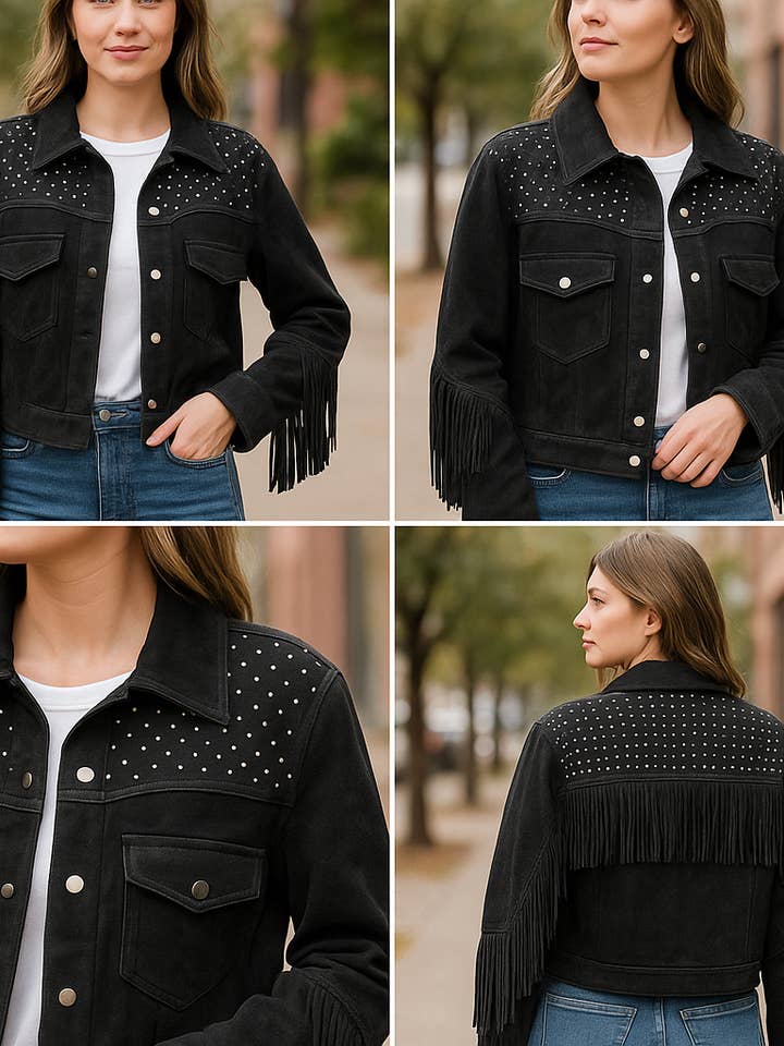 Jacket, Suede Fringe Black, Crystal Waterfall for wholesale by Moving Forward Designs