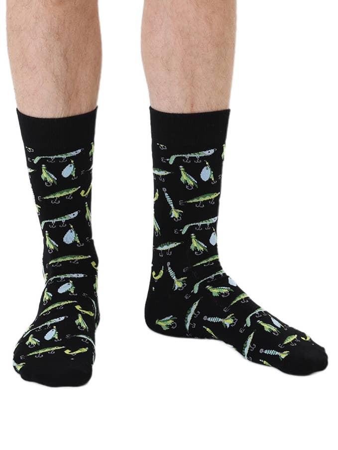 Men's Bamboo Crew Socks - Fishing Lures - Black & Green for wholesale by Living Royal
