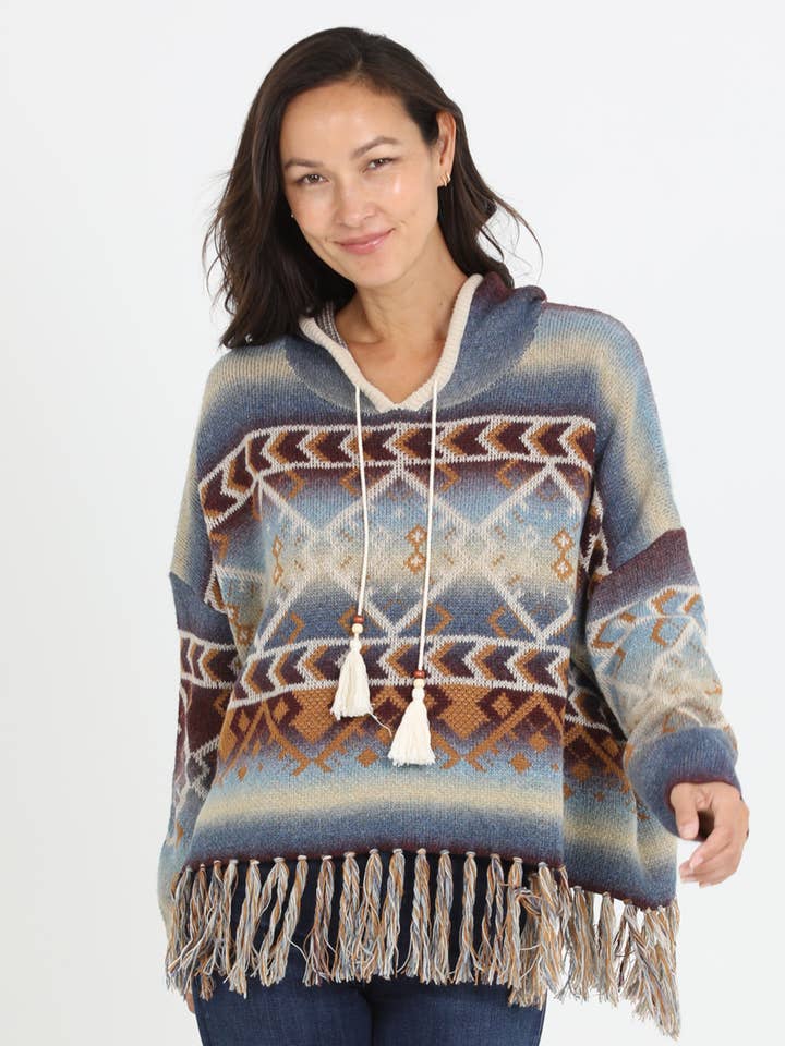 NHR40-ASIS AZTEC PULLOVERTRUI MET FRANJES EN ZOOM EN CAPUCHON voor wholesale door Nostalgia