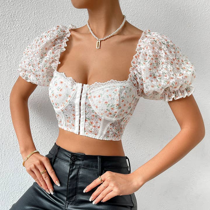 HIDDENBRAND - Wholesale Blouse - Women's - Mesh puff sleeves milkmaid crop top