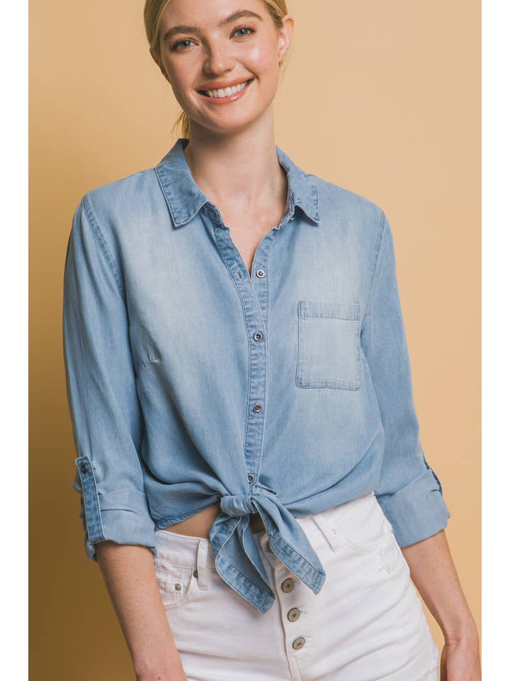 Peace Love Line - Wholesale Shirt - Women's - PL5683 - TIE FRONT TENCEL BUTTON UP SHIRT